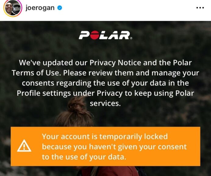 Joe Rogan screengrab of Polar Private Notice and Temporary Account Lock